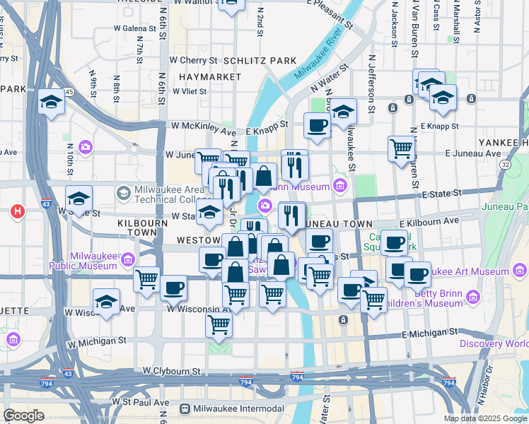 map of restaurants, bars, coffee shops, grocery stores, and more near 929 North Water Street in Milwaukee