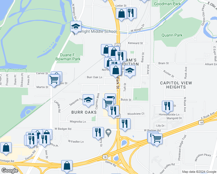 map of restaurants, bars, coffee shops, grocery stores, and more near 827 Dane Street in Madison
