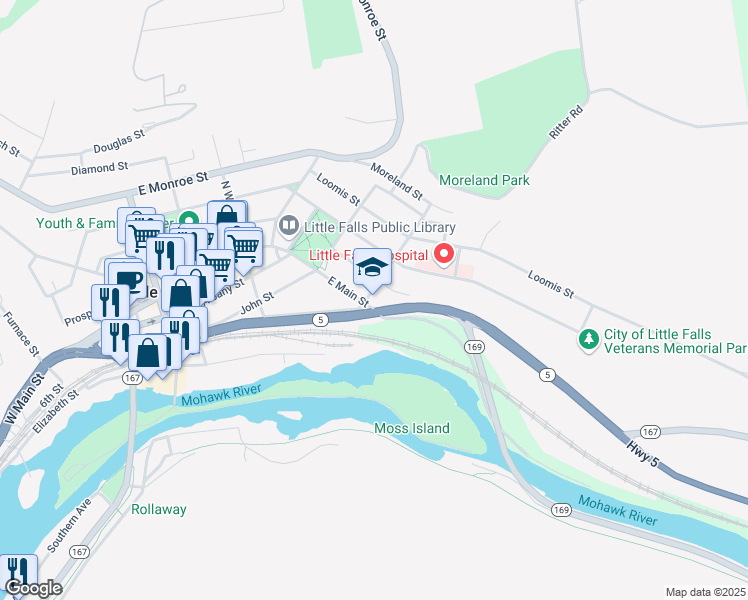 map of restaurants, bars, coffee shops, grocery stores, and more near 1 Ward Street in Little Falls