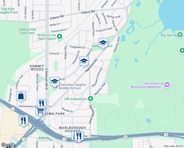 map of restaurants, bars, coffee shops, grocery stores, and more near 1013 Seminole Highway in Madison