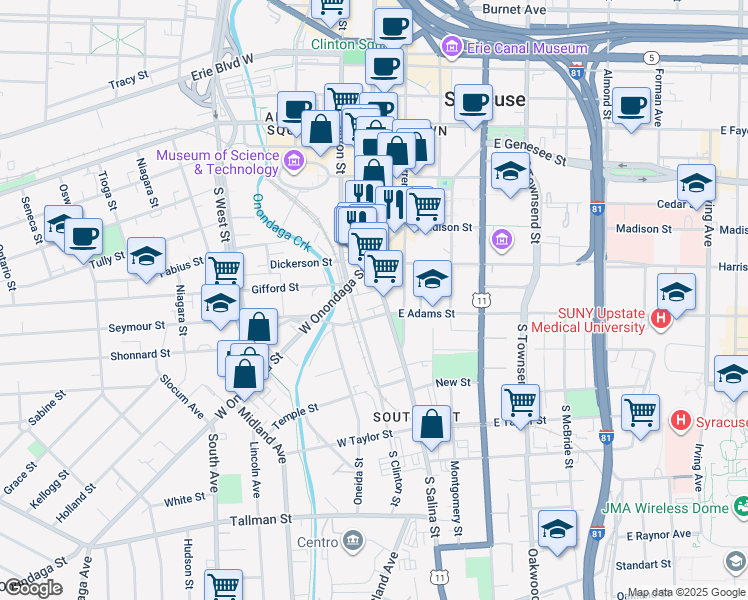 map of restaurants, bars, coffee shops, grocery stores, and more near 600 South Salina Street in Syracuse