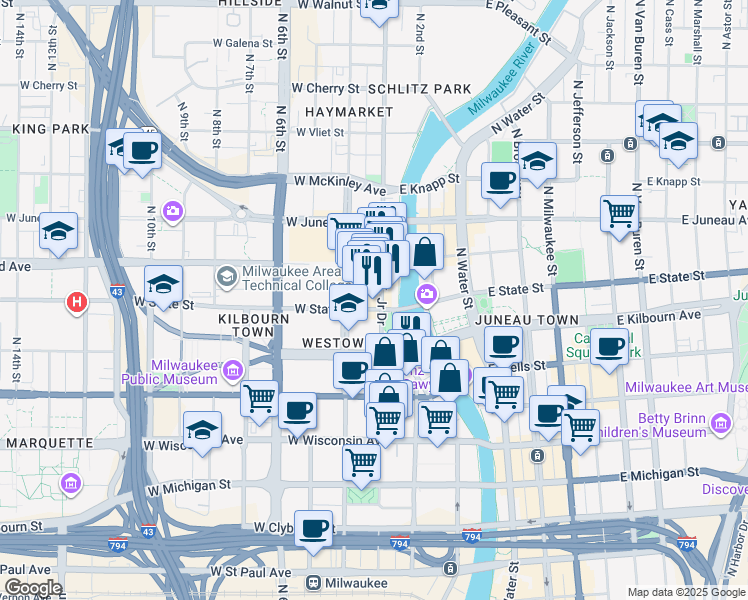 map of restaurants, bars, coffee shops, grocery stores, and more near in Milwaukee