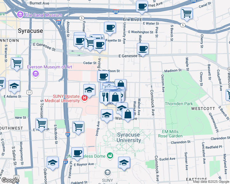 map of restaurants, bars, coffee shops, grocery stores, and more near 1004 East Adams Street in Syracuse