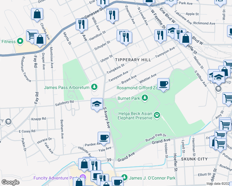 map of restaurants, bars, coffee shops, grocery stores, and more near 399 Coleridge Avenue in Syracuse