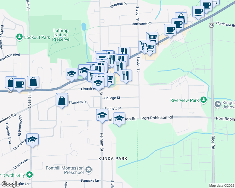 map of restaurants, bars, coffee shops, grocery stores, and more near 24 College Street in Pelham