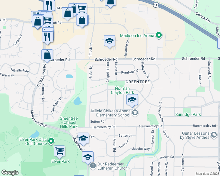 map of restaurants, bars, coffee shops, grocery stores, and more near 1110 Frisch Road in Madison