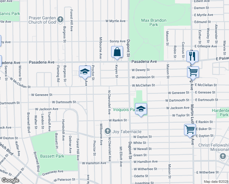 map of restaurants, bars, coffee shops, grocery stores, and more near 806 West Genesee Street in Flint