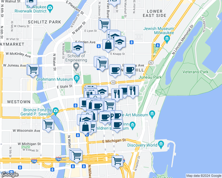 map of restaurants, bars, coffee shops, grocery stores, and more near 920 North Van Buren Street in Milwaukee