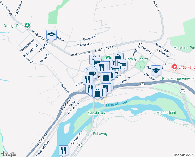 map of restaurants, bars, coffee shops, grocery stores, and more near 8 West Main Street in Little Falls