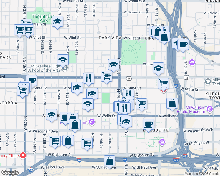 map of restaurants, bars, coffee shops, grocery stores, and more near W State St & N 18th St in Milwaukee
