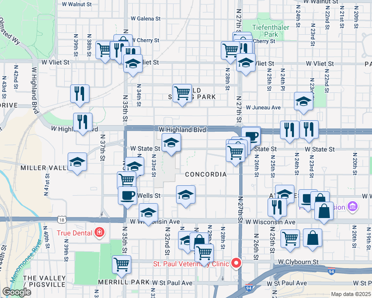 map of restaurants, bars, coffee shops, grocery stores, and more near West State Street in Milwaukee