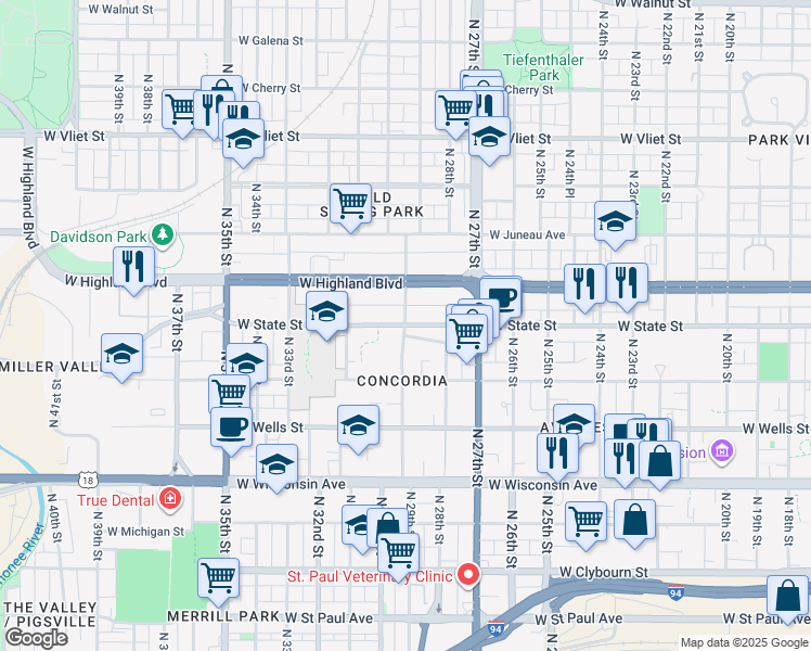 map of restaurants, bars, coffee shops, grocery stores, and more near W State St & N 29th St in Milwaukee