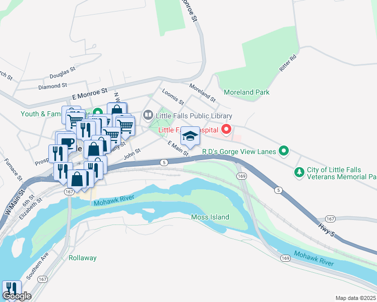 map of restaurants, bars, coffee shops, grocery stores, and more near 1 Ward Street in Little Falls