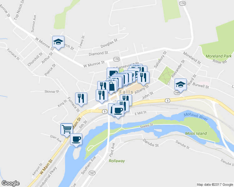 map of restaurants, bars, coffee shops, grocery stores, and more near New York 167 in Little Falls