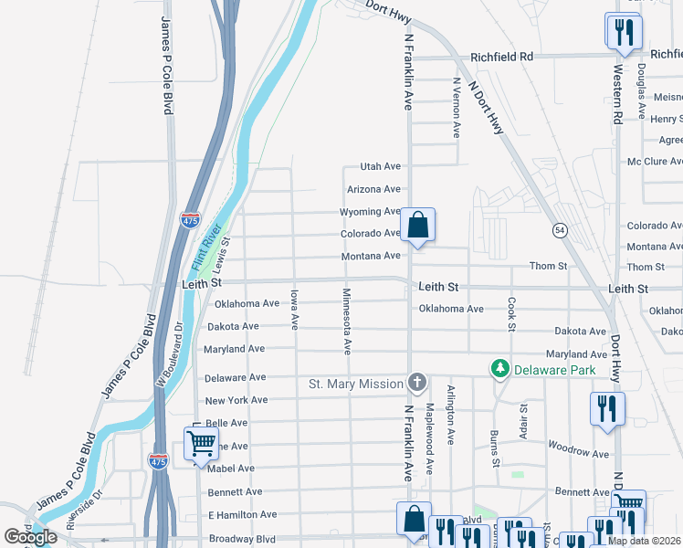 map of restaurants, bars, coffee shops, grocery stores, and more near 1655 Leith Street in Flint