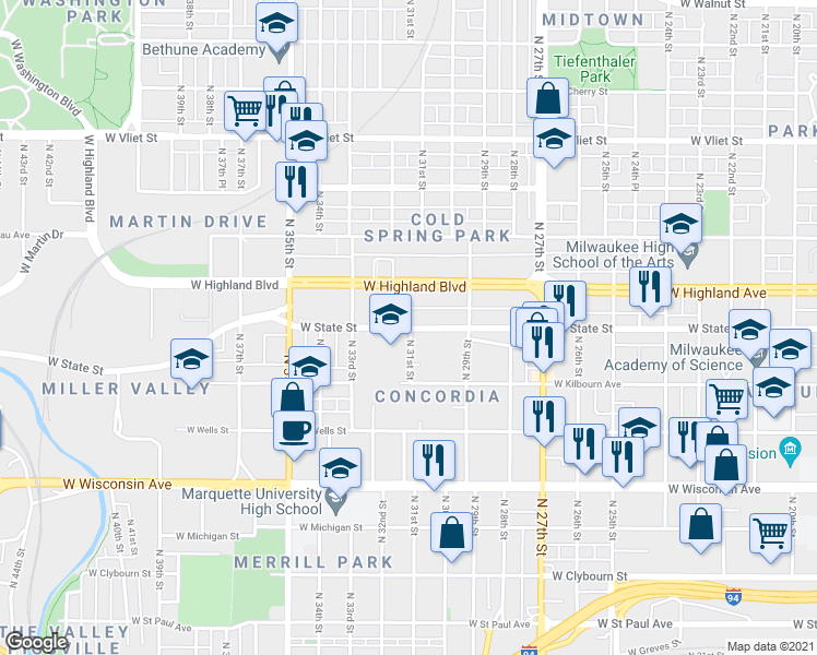 map of restaurants, bars, coffee shops, grocery stores, and more near 3102 West State Street in Milwaukee