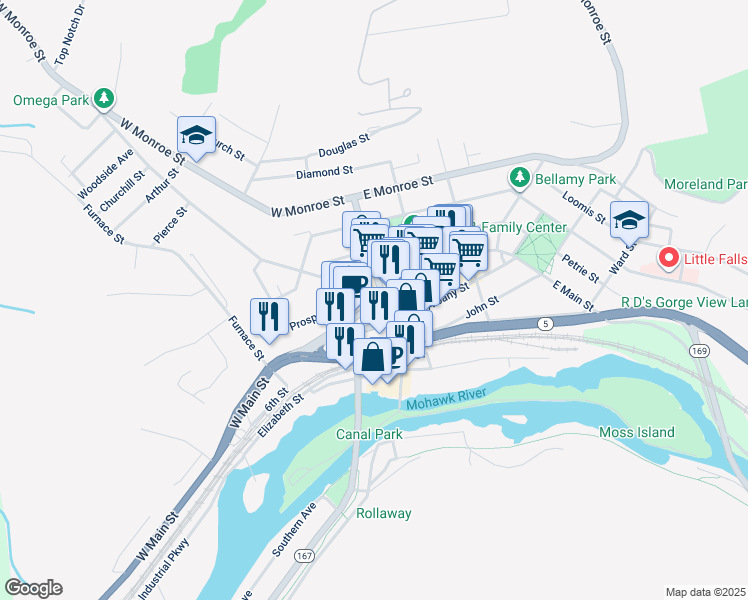 map of restaurants, bars, coffee shops, grocery stores, and more near 18 Church Street in Little Falls