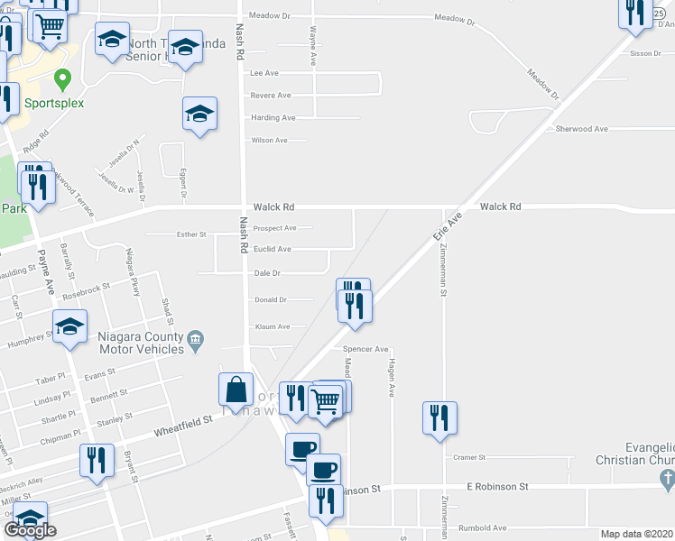 map of restaurants, bars, coffee shops, grocery stores, and more near 111 Dale Drive in North Tonawanda