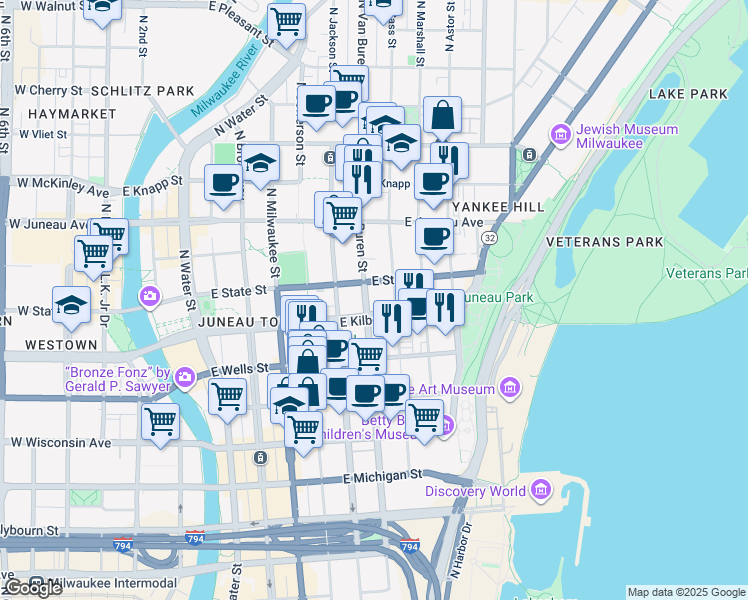 map of restaurants, bars, coffee shops, grocery stores, and more near 710 East State Street in Milwaukee