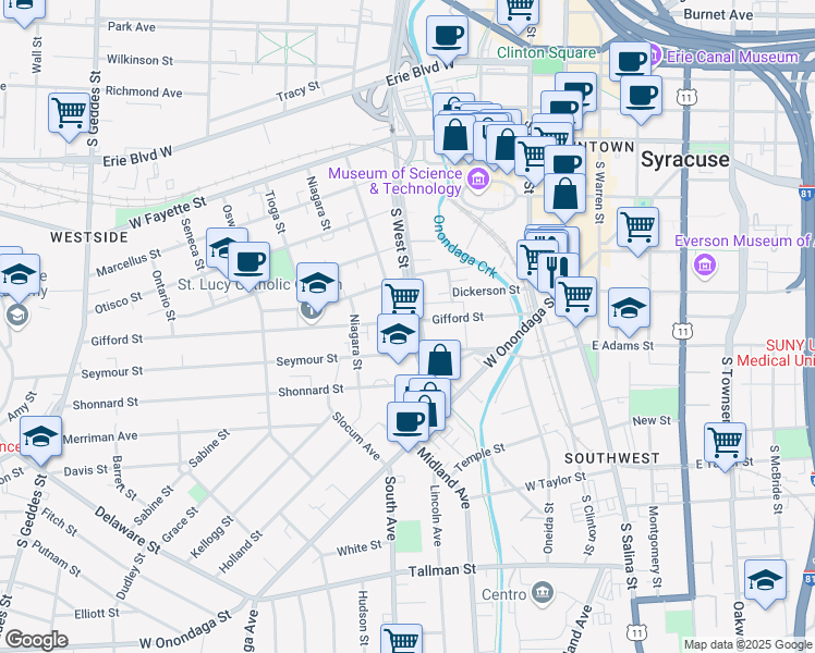 map of restaurants, bars, coffee shops, grocery stores, and more near 307 Gifford Street in Syracuse