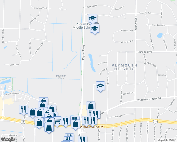 map of restaurants, bars, coffee shops, grocery stores, and more near 1160 Pilgrim Parkway in Elm Grove