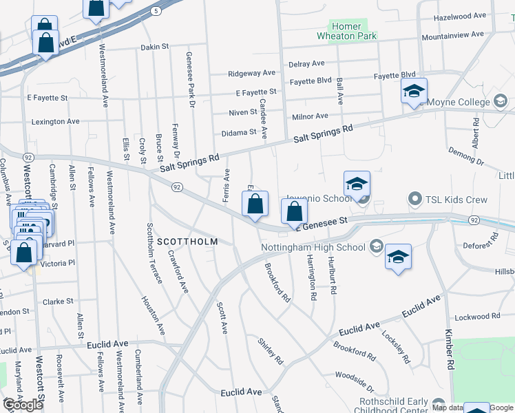 map of restaurants, bars, coffee shops, grocery stores, and more near 100 Blossom Road in Syracuse