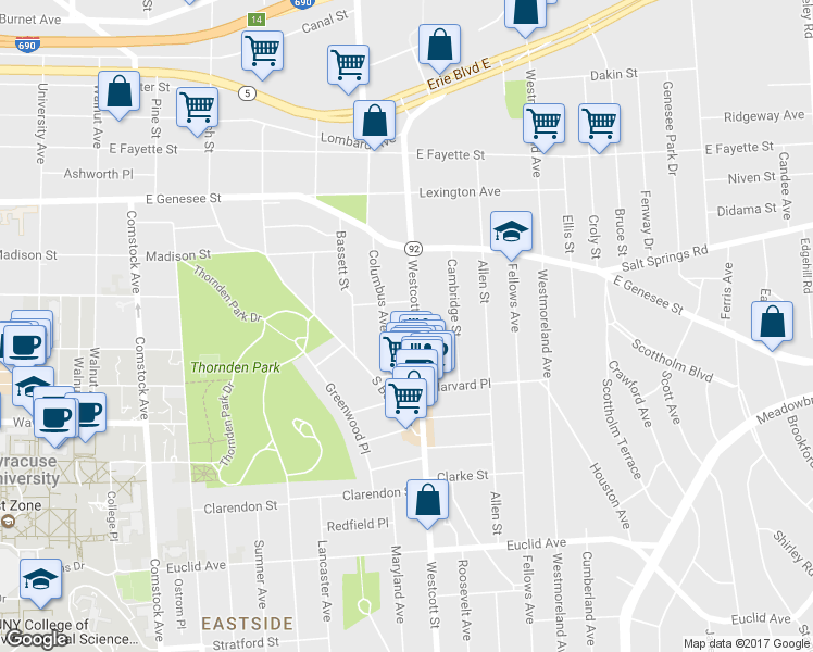 map of restaurants, bars, coffee shops, grocery stores, and more near 203 Hawthorne Street in Syracuse