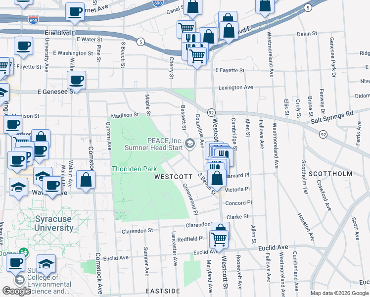 map of restaurants, bars, coffee shops, grocery stores, and more near 211 Bassett Street in Syracuse