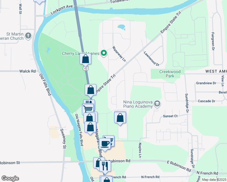 map of restaurants, bars, coffee shops, grocery stores, and more near 175 Tonawanda Creek Road in Buffalo