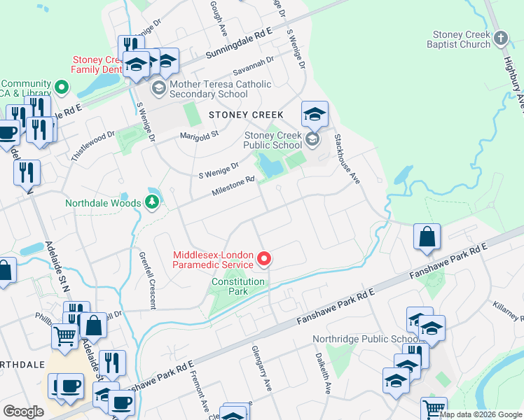 map of restaurants, bars, coffee shops, grocery stores, and more near 66 Balcarres Road in London