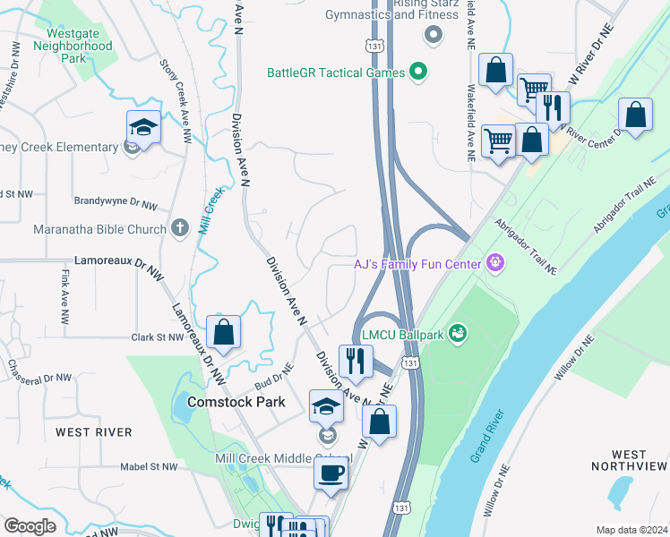 map of restaurants, bars, coffee shops, grocery stores, and more near 33 Blue Violet Lane in Comstock Park