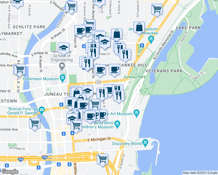 map of restaurants, bars, coffee shops, grocery stores, and more near 812 East State Street in Milwaukee