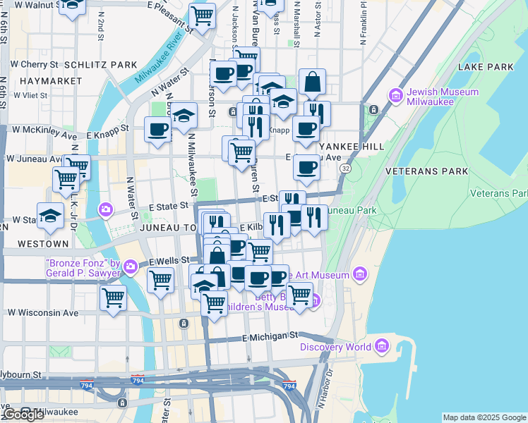 map of restaurants, bars, coffee shops, grocery stores, and more near 710 East State Street in Milwaukee
