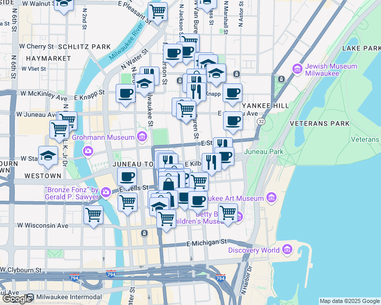 map of restaurants, bars, coffee shops, grocery stores, and more near 610 East State Street in Milwaukee