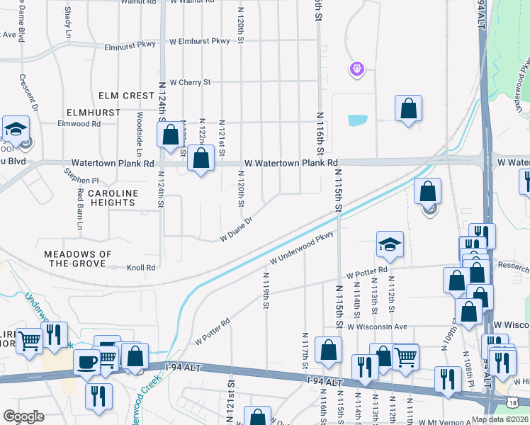 map of restaurants, bars, coffee shops, grocery stores, and more near 1010 North 119th Street in Wauwatosa