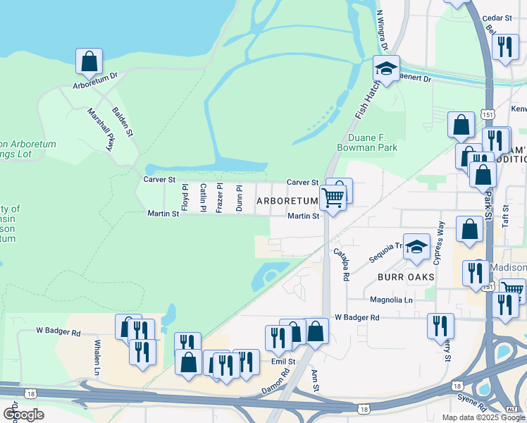 map of restaurants, bars, coffee shops, grocery stores, and more near 2018 Irwin Place in Madison