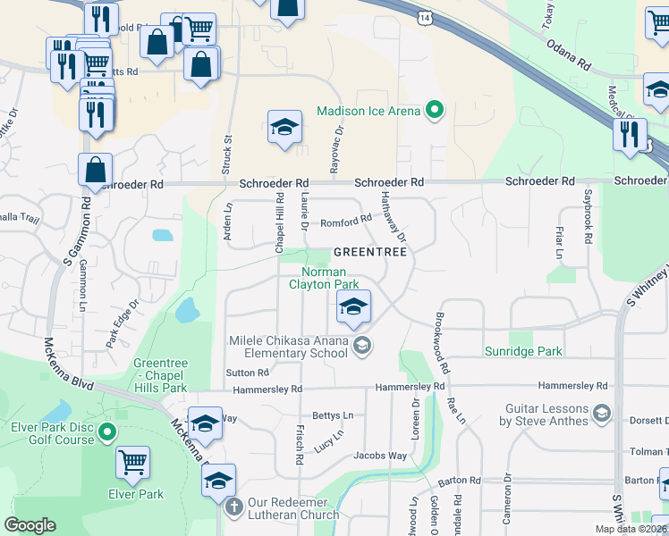 map of restaurants, bars, coffee shops, grocery stores, and more near 6402 Shoreham Drive in Madison