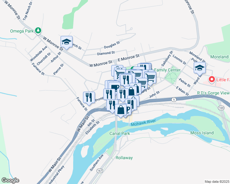 map of restaurants, bars, coffee shops, grocery stores, and more near 18 Church Street in Little Falls
