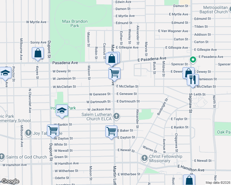 map of restaurants, bars, coffee shops, grocery stores, and more near in Flint