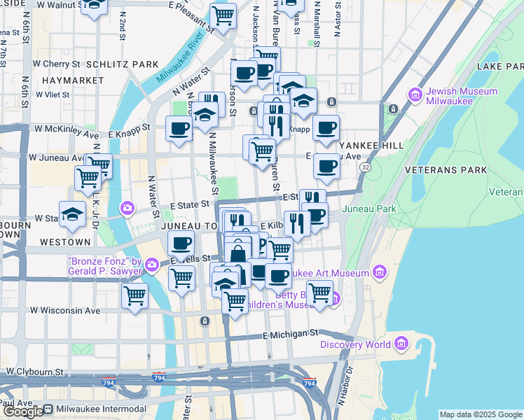 map of restaurants, bars, coffee shops, grocery stores, and more near 626 East Kilbourn Avenue in Milwaukee