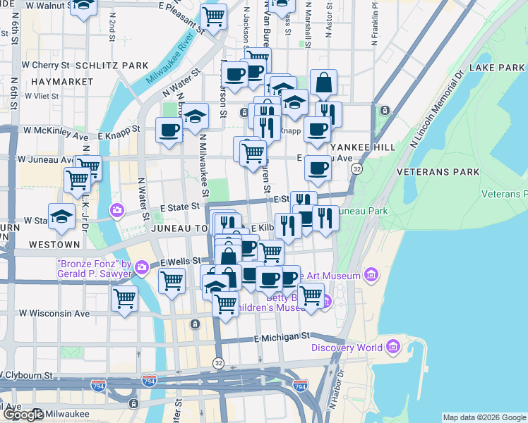 map of restaurants, bars, coffee shops, grocery stores, and more near 626 East Kilbourn Avenue in Milwaukee