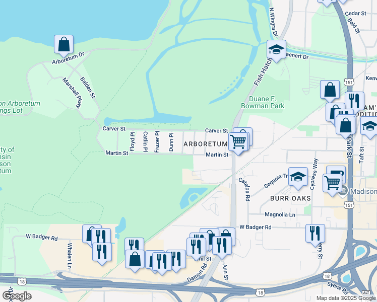 map of restaurants, bars, coffee shops, grocery stores, and more near 2018 Irwin Place in Madison