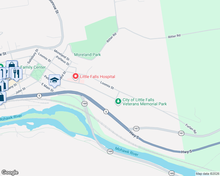 map of restaurants, bars, coffee shops, grocery stores, and more near 247 Loomis Street in Little Falls