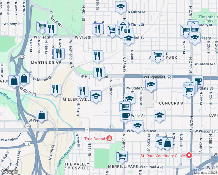 map of restaurants, bars, coffee shops, grocery stores, and more near West State Street in Milwaukee