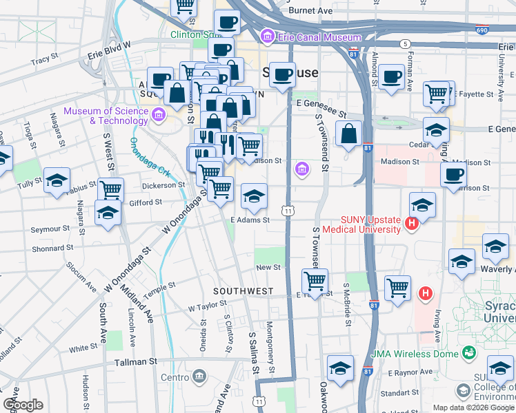 map of restaurants, bars, coffee shops, grocery stores, and more near 618 Montgomery Street in Syracuse