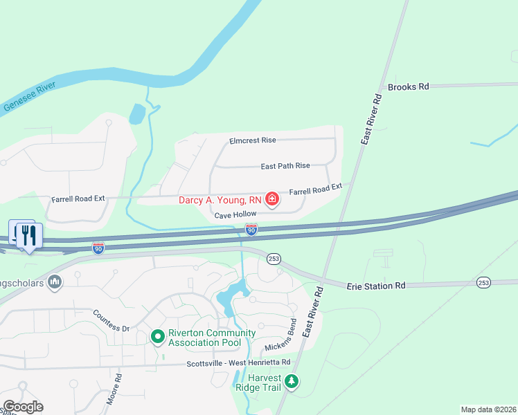 map of restaurants, bars, coffee shops, grocery stores, and more near 135 Farrell Road Extension in West Henrietta