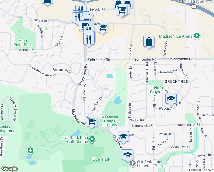 map of restaurants, bars, coffee shops, grocery stores, and more near 6772 Park Ridge Drive in Madison