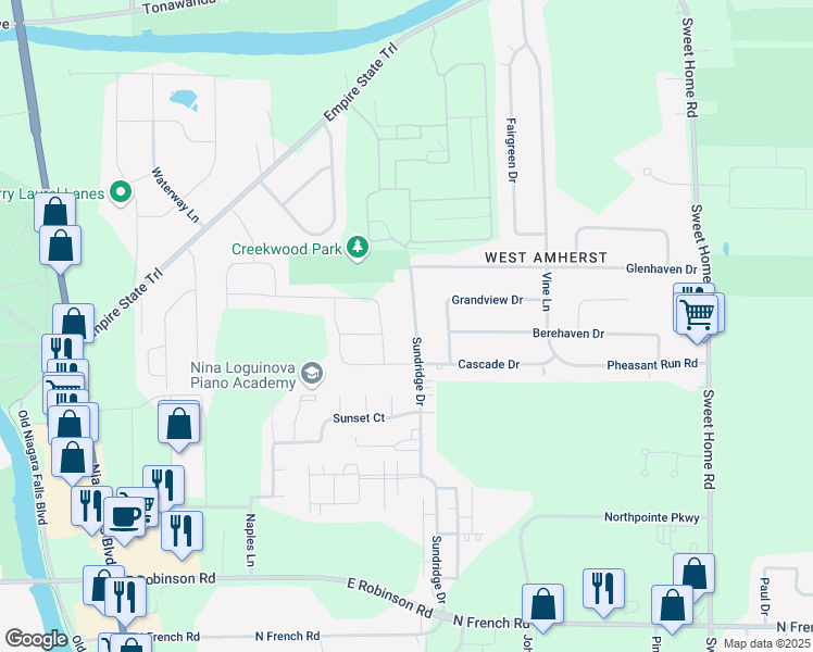 map of restaurants, bars, coffee shops, grocery stores, and more near 306 Sundridge Drive in Buffalo