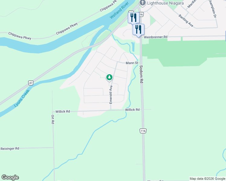 map of restaurants, bars, coffee shops, grocery stores, and more near 4402 Cinnamon Grove in Niagara Falls