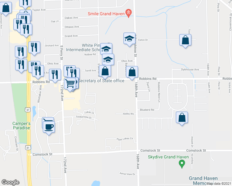 map of restaurants, bars, coffee shops, grocery stores, and more near 15123 168th Avenue in Grand Haven
